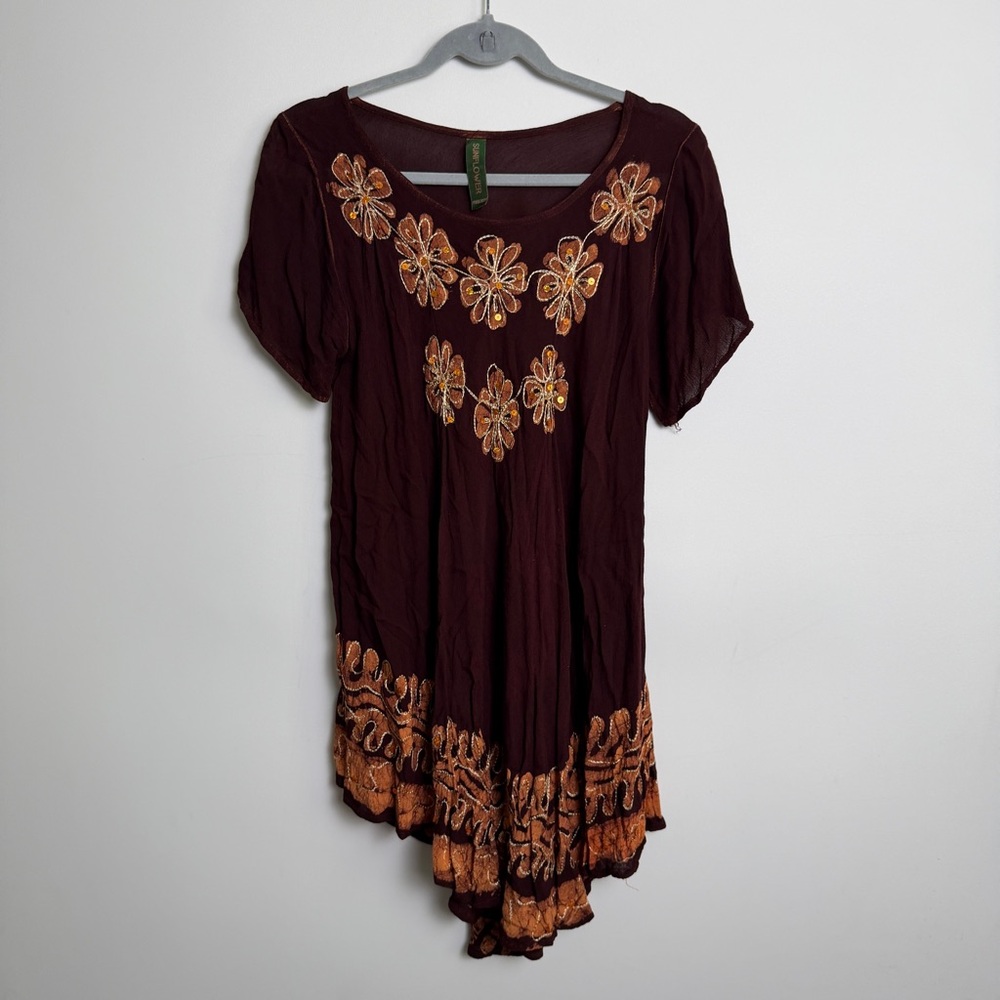 Sunflower Boho Embroidered Brown Orange Sequin Tunic Top Free Size Boho Hippie
